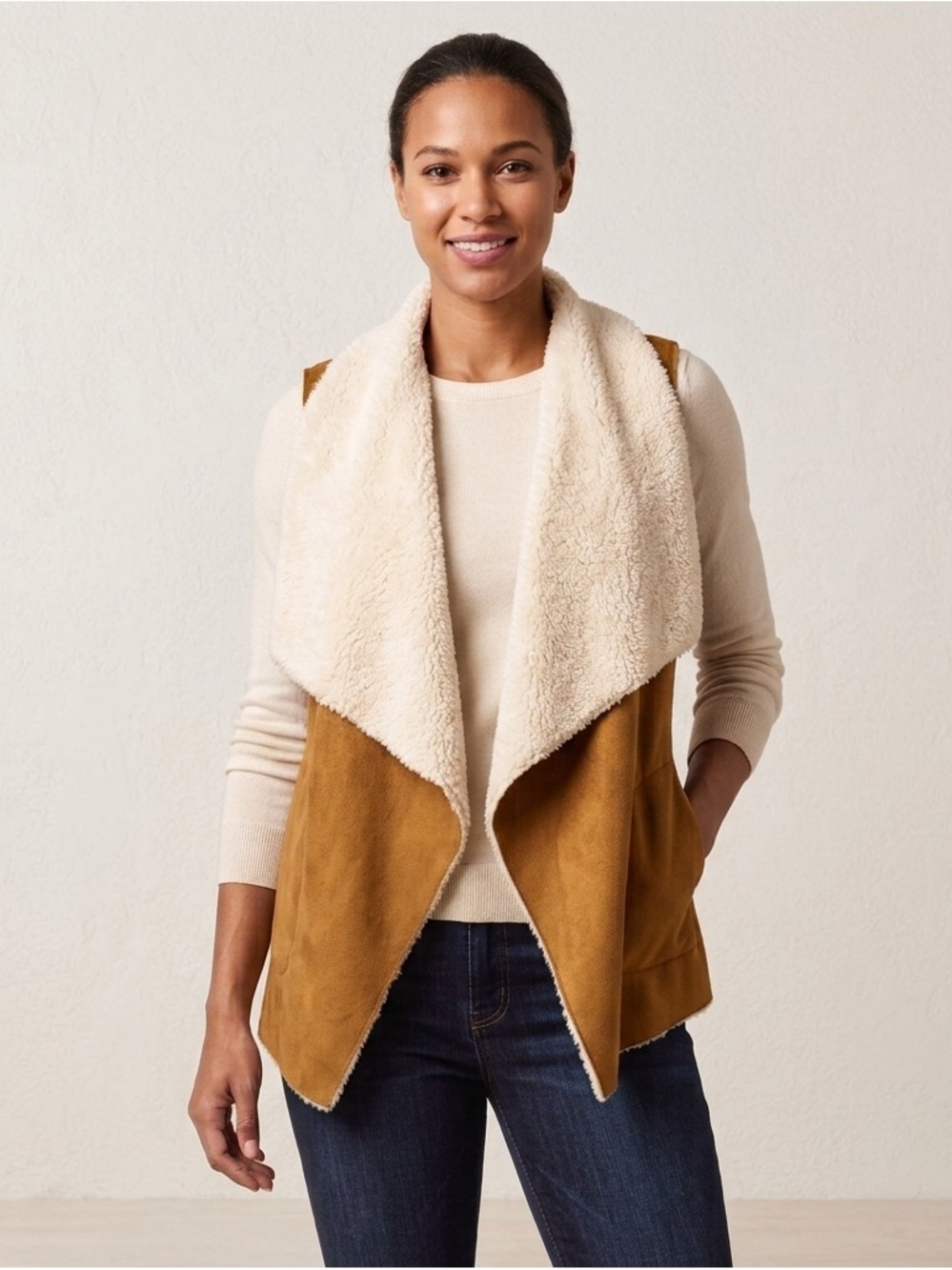 PPLA Faux Suede Sherpa Lined Draped Waterfall Vest Camel Brown Tan Small